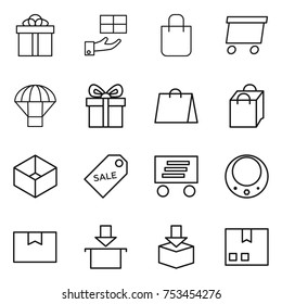 thin line icon set : gift, shopping bag, delivery, parachute, box, sale label, necklace, package