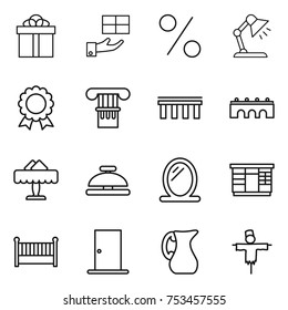 thin line icon set : gift, percent, table lamp, medal, column, bridge, restaurant, service bell, mirror, wardrobe, crib, door, jug, scarecrow