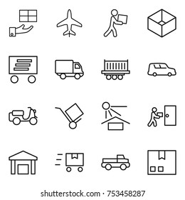 thin line icon set : gift, plane, courier, box, delivery, truck shipping, car, scooter, trolley, sun potection, warehouse, fast deliver, pickup, package