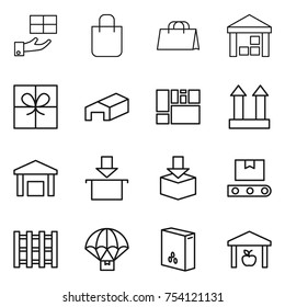 thin line icon set : gift, shopping bag, warehouse, consolidated cargo, top sign, package, transporter tape, pallet, parachute delivery, cereals