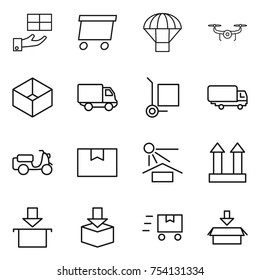 thin line icon set : gift, delivery, parachute, drone, box, cargo stoller, shipping, scooter, package, sun potection, top sign, fast deliver
