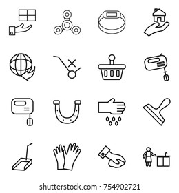 thin line icon set : gift, spinner, smart bracelet, real estate, delivery, do not trolley sign, basket, mixer, horseshoe, sow, scraper, scoop, gloves, wiping, kitchen cleaning