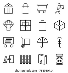 thin line icon set : gift, shopping bag, delivery, courier, parachute, box, cargo stoller, dry, do not hook sign, pallet, cereals, pasta