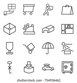 thin line icon set : gift, delivery, courier, shopping bag, box, cashbox, warehouse, consolidated cargo, fragile, trolley, dry, sun potection, do not hook sign, package, car baggage, safe