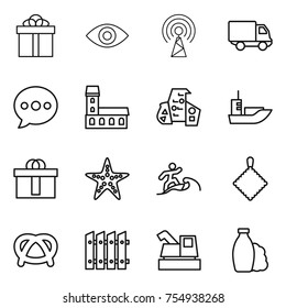 thin line icon set : gift, eye, antenna, delivery, balloon, mansion, modern architecture, sea shipping, hi quality package, starfish, surfer, rag, pretzel, fence, harvester, shampoo