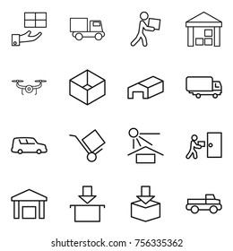 Thin line icon set : gift, truck, courier, warehouse, drone, box, shipping, car, trolley, sun potection, delivery, package, pickup