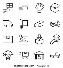 Thin line icon set : gift, delivery, parachute, box, cargo stoller, warehouse, scooter shipping, package, sun potection, search, fast deliver, pickup