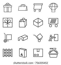 Thin line icon set : gift, shopping bag, delivery, parachute, box, cargo stoller, warehouse, trolley, courier, pallet, cereals, package, washing powder