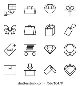 thin line icon set : gift, shopping bag, parachute, bow, label, sale, delivery, diamond, necklace, package box, heart pendant