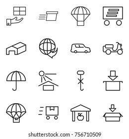 thin line icon set : gift, delivery, parachute, warehouse, car shipping, scooter, dry cargo, sun potection, do not hook sign, package, fast deliver
