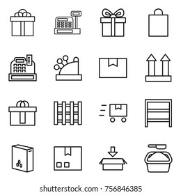 Thin line icon set : gift, cashbox, shopping bag, package box, cargo top sign, hi quality, pallet, fast deliver, rack, cereals, washing powder