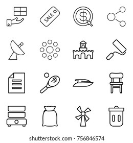 Thin line icon set : gift, sale, dollar arrow, molecule, satellite antenna, round around, fort, repair, document, tennis, yacht, chair, double boiler, flour, windmill, trash bin