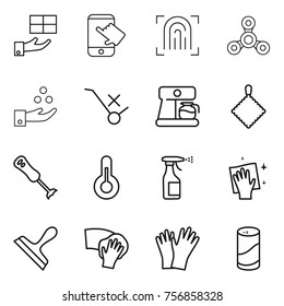 Thin line icon set : gift, touch, fingerprint, spinner, chemical industry, do not trolley sign, coffee maker, rag, blender, thermometer, sprayer, wiping, scraper, gloves, cleanser powder