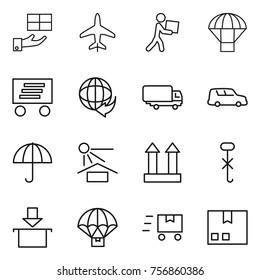 Thin line icon set : gift, plane, courier, parachute, delivery, shipping, car, dry cargo, sun potection, top sign, do not hook, package, fast deliver