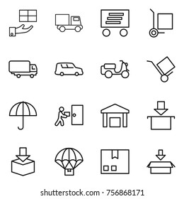 Thin line icon set : gift, truck, delivery, cargo stoller, shipping, car, scooter, trolley, dry, courier, warehouse, package, parachute