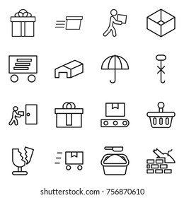 Thin line icon set : gift, delivery, courier, box, warehouse, dry cargo, do not hook sign, hi quality package, transporter tape, basket, broken, fast deliver, washing powder, construct garbage