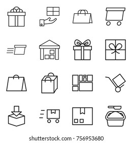 Thin line icon set : gift, shopping bag, delivery, warehouse, consolidated cargo, trolley, package, fast deliver, washing powder