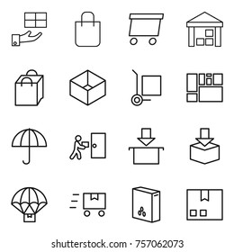 Thin line icon set : gift, shopping bag, delivery, warehouse, box, cargo stoller, consolidated, dry, courier, package, parachute, fast deliver, cereals