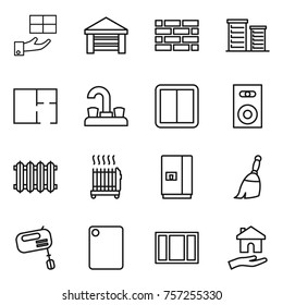 Thin line icon set : gift, garage, brick wall, district, plan, water tap, power switch, speaker, radiator, fridge, broom, mixer, cutting board, window, housing