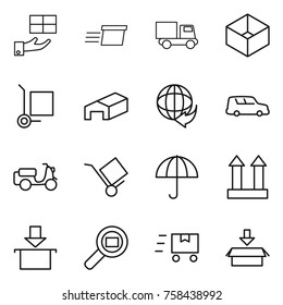 Thin line icon set : gift, delivery, truck, box, cargo stoller, warehouse, car shipping, scooter, trolley, dry, top sign, package, search, fast deliver