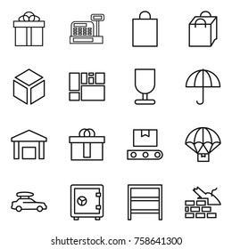 Thin line icon set : gift, cashbox, shopping bag, 3d, consolidated cargo, fragile, dry, warehouse, hi quality package, transporter tape, parachute delivery, car baggage, safe, rack