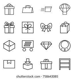 Thin line icon set : gift, shopping bag, delivery, parachute, bow, box, diamond, necklace, package, hi quality, rack