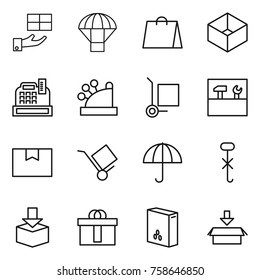 Thin line icon set : gift, parachute, shopping bag, box, cashbox, cargo stoller, tools, package, trolley, dry, do not hook sign, hi quality, cereals