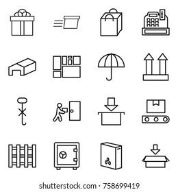 Thin line icon set : gift, delivery, shopping bag, cashbox, warehouse, consolidated cargo, dry, top sign, do not hook, courier, package, transporter tape, pallet, safe, cereals