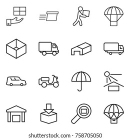 Thin line icon set : gift, delivery, courier, parachute, box, warehouse, shipping, car, scooter, dry cargo, sun potection, package, search