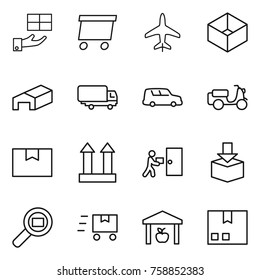 Thin line icon set : gift, delivery, plane, box, warehouse, shipping, car, scooter, package, cargo top sign, courier, search, fast deliver