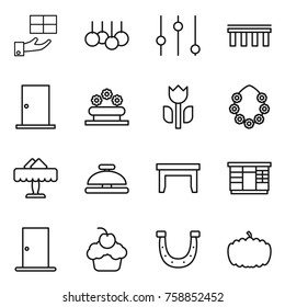 Thin line icon set : gift, sale, equalizer, bridge, door, flower bed, perishable, hawaiian wreath, restaurant, service bell, table, wardrobe, cupcake, horseshoe, pumpkin