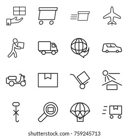 Thin line icon set : gift, delivery, plane, courier, car shipping, scooter, package box, trolley, sun potection, do not hook sign, cargo search, parachute, fast deliver