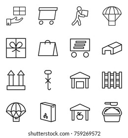 Thin line icon set : gift, delivery, courier, parachute, shopping bag, warehouse, cargo top sign, do not hook, pallet, cereals, washing powder