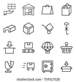 Thin line icon set : gift, warehouse, shopping bag, 3d, trolley, do not hook sign, package, transporter tape, parachute delivery, basket, broken, fast deliver, safe