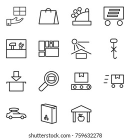 Thin line icon set : gift, shopping bag, cashbox, delivery, tools, consolidated cargo, sun potection, do not hook sign, package, search, transporter tape, fast deliver, car baggage, cereals