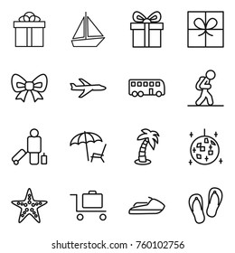 Thin line icon set : gift, boat, bow, plane, bus, tourist, passenger, lounger, palm, disco ball, starfish, baggage trolley, jet ski, flip flops