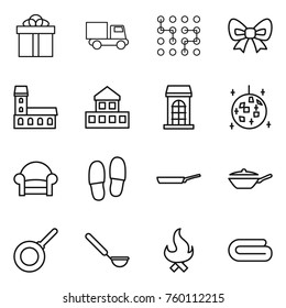 Thin line icon set : gift, truck, chip, bow, mansion, cottage, building, disco ball, armchair, slippers, pan, ladle, fire, towel