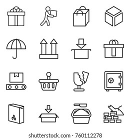 Thin line icon set : gift, courier, shopping bag, 3d, dry cargo, top sign, package, hi quality, transporter tape, basket, broken, safe, cereals, washing powder, construct garbage