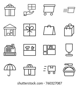Thin line icon set : gift, delivery, warehouse, shopping bag, cashbox, tools, consolidated cargo, fragile, dry, hi quality package, fast deliver, washing powder