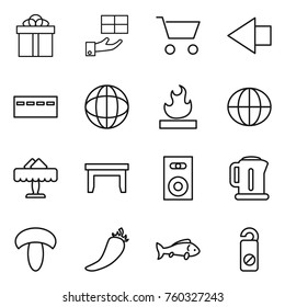 Thin line icon set : gift, cart, left arrow, bunker, globe, flammable, restaurant, table, speaker, kettle, mushroom, hot pepper, fish, do not distrub