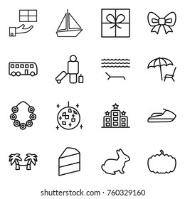 Thin line icon set : gift, boat, bow, bus, passenger, lounger, hawaiian wreath, disco ball, hotel, jet ski, palm hammock, cake, rabbit, pumpkin