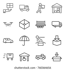 Thin line icon set : gift, truck, courier, warehouse, drone, box, shipping, car, dry cargo, sun potection, package, fast deliver, pickup
