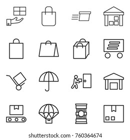 Thin line icon set : gift, shopping bag, delivery, warehouse, trolley, dry cargo, courier, transporter tape, parachute, pasta, package
