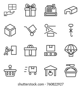 Thin line icon set : gift, cashbox, warehouse, 3d, trolley, sun potection, do not hook sign, courier delivery, hi quality package, transporter tape, parachute, basket, fast deliver, washing powder