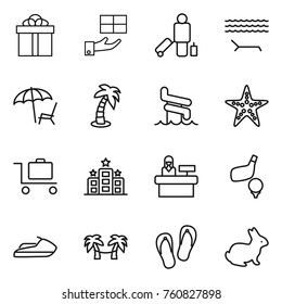 Thin line icon set : gift, passenger, lounger, palm, aquapark, starfish, baggage trolley, hotel, reception, golf, jet ski, hammock, flip flops, rabbit