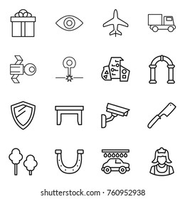 Thin line icon set : gift, eye, plane, truck, satellite, laser, modern architecture, arch, shield, table, surveillance camera, chef knife, trees, horseshoe, car wash, cleaner