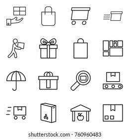 Thin line icon set : gift, shopping bag, delivery, courier, consolidated cargo, dry, hi quality package, search, transporter tape, fast deliver, cereals, warehouse