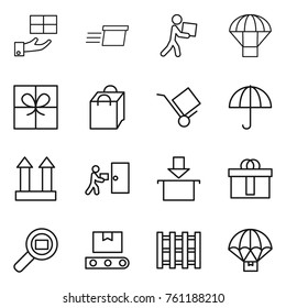 Thin line icon set : gift, delivery, courier, parachute, shopping bag, trolley, dry cargo, top sign, package, hi quality, search, transporter tape, pallet