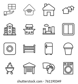 Thin line icon set : gift, wireless home, houses, building, japanese house, city, power switch, ring button, crib, fridge, bucket, bbq, garage, wiping, washing machine