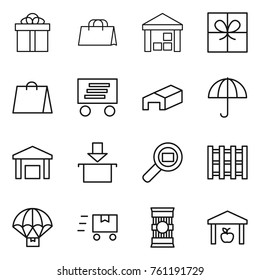 Thin line icon set : gift, shopping bag, warehouse, delivery, dry cargo, package, search, pallet, parachute, fast deliver, pasta